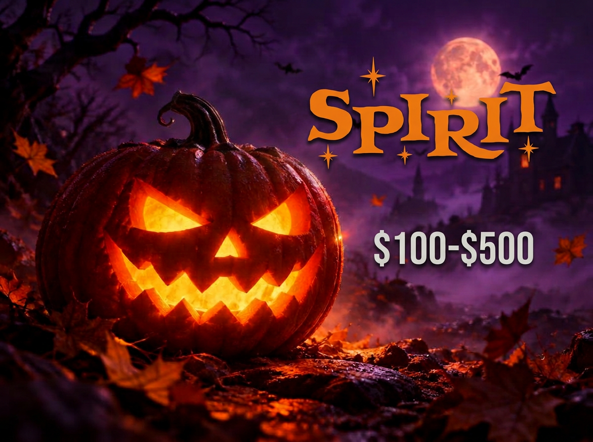 Glowing Halloween pumpkin beside SPIRIT lettering and $100-$500